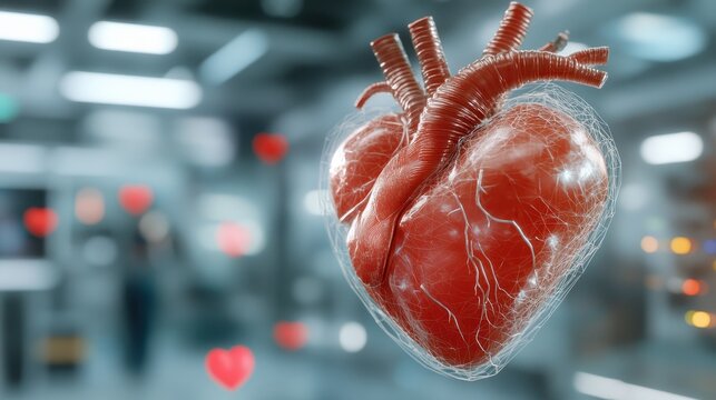 A detailed 3D heart model with vascular elements conveys emotions and the importance of love and connection, beautifully blending science and art in a striking visual concept.