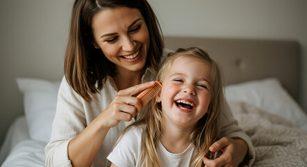 Mother combing hair of happy daughter at home in bedroom for beauty and family lifestyle image