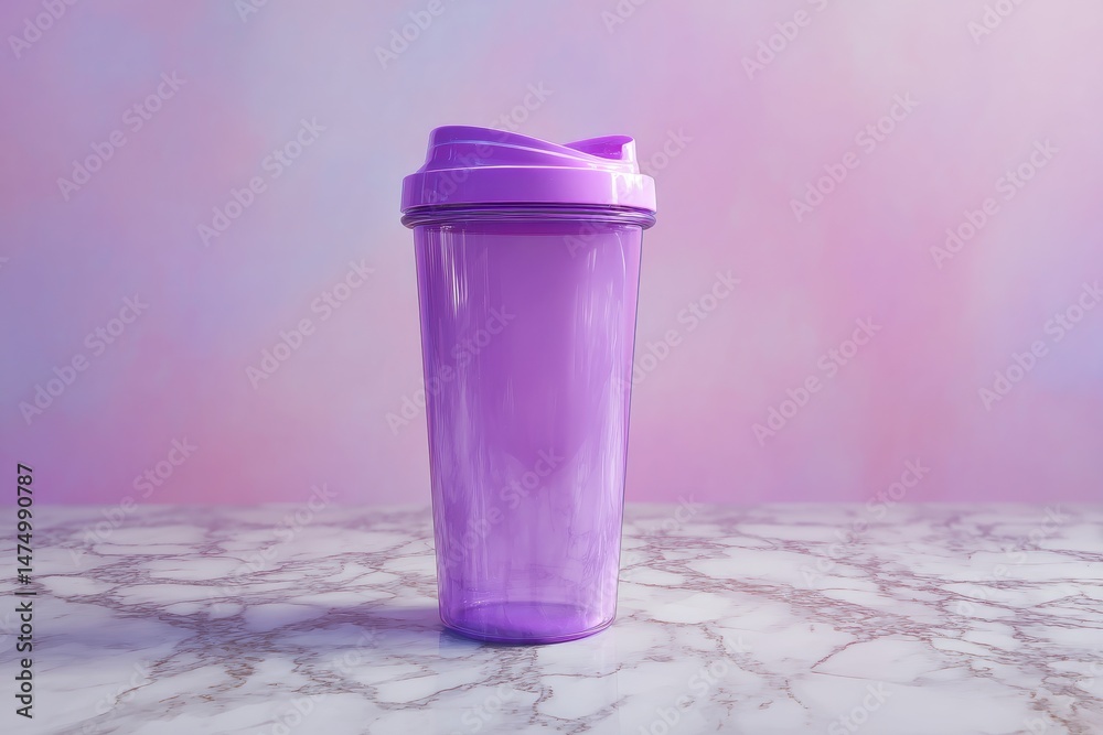 Poster lilac reusable beverage container on a marble surface.