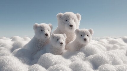 Three polar bear cubs resting atop fluffy clouds.