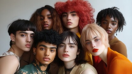 Fototapeta premium Group portrait of people with diverse gender identities, skin tones, abilities and styles, neutral background, emotional depth 