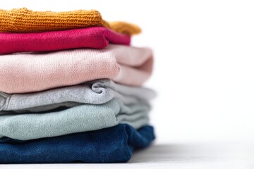 Colorful stack of neatly folded sweaters arranged on a clean surface in a well-lit room
