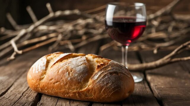 Detailed view of bread and a cup of juice on a wooden table, serving as a reminder of the sacrifice made for humanity, with a background and space for text.