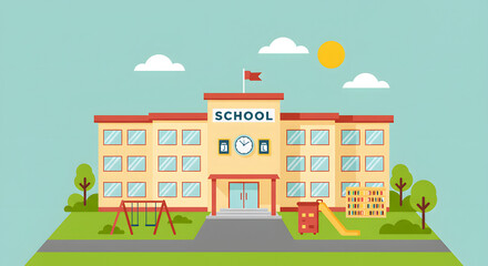 School building with playground illustration