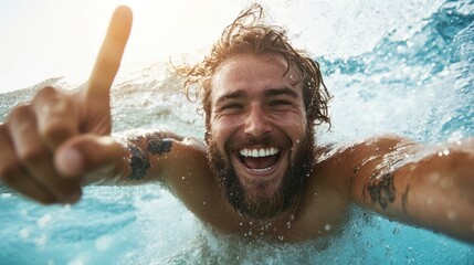 A happy man emerges from the ocean with a beaming smile while making a peace sign, showcasing the joy and freedom of enjoying life by the sea under the sun's glow.