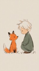 Fototapeta premium Child and fox share a gentle moment in a grassy field during a serene afternoon