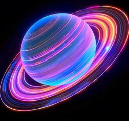 Cosmic Majesty: A breathtaking digital artwork of a planet encircled by vibrant rings, illuminated with neon light, floats against the black of the night.