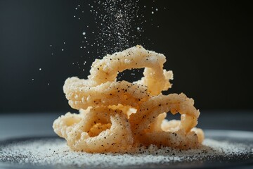 crispy salt and pepper squid rings dusted with light seasoning and served on a black background with flying salt crystals, salted calamari