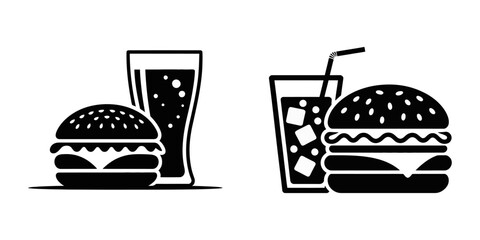 Colorful illustration of a burger with fries and a drink, showcasing a classic fast food meal, Burger and drink icon, hamburger and soda silhouette vector illustration, hamburger silhouette vector.