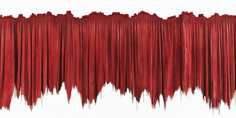 Frayed, crimson drapes hang in ragged folds, cascading downward