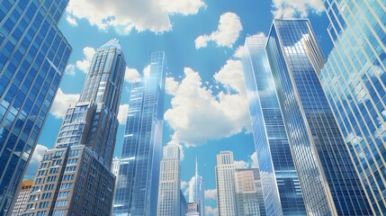 Fototapeta premium Stunning low-angle view showcasing towering modern skyscrapers against a bright blue sky filled with clouds during the afternoon