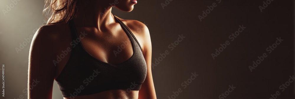 Poster Silhouette of Toned Torso With Soft Highlight Against Dark Background in a Fitness Studio Setting