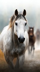 Obraz premium Majestic white horse stands in focus with other horses blurred in the background at a serene ranch during early morning light