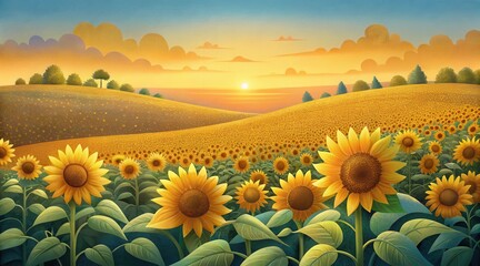 Fototapeta premium A vibrant field of blooming sunflowers stretches across rolling hills under a golden sunrise sky.