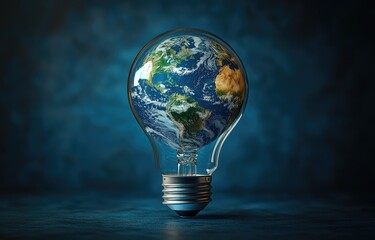 Earth inside lightbulb, global energy concept, dark background
