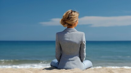 female executive contemplating the sea and the beach from behind in a windy day