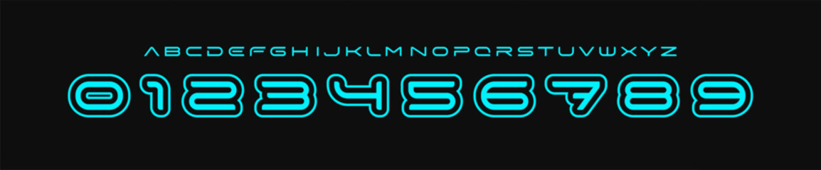 Futuristic neon font, sleek monoline alphabet, rounded techno typeface, sci-fi logo numbers, cyber UI style lettering, digital HUD visuals, glowing interface design. Vector typeset © artyway