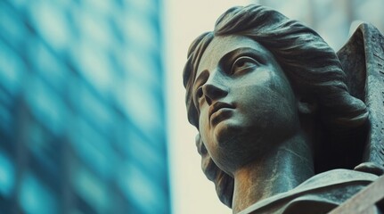 Guardian Angel in a Metropolis: A weathered stone angel statue stands vigilantly against the modern cityscape, offering a juxtaposition of ancient artistry and contemporary architecture.