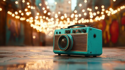 An old-fashioned blue radio is positioned on a wet pavement, surrounded by glowing light bulbs, evoking nostalgia and a sense of music's enduring connection to memory and culture.