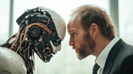 A man in a business suit shares a tense moment with a humanoid robot, exploring themes of humanity, technology, and the future of human-technology relations.