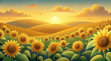 Fototapeta premium A vibrant field of sunflowers stretches across rolling hills under a golden sunrise sky with scattered clouds.