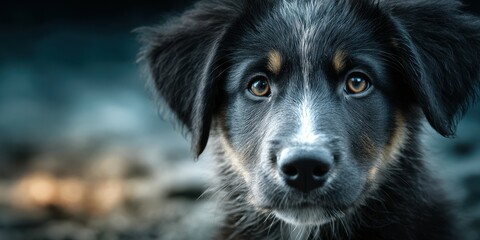Fototapeta premium Curious puppy gazing into the camera on a cloudy day at a serene outdoor location
