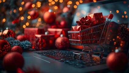 Festive online shopping with gifts, decor, lights