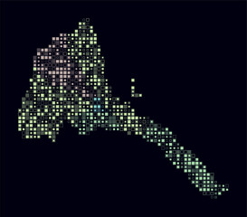 Eritrea, shape of the country built of colored cells. Digital style map of Eritrea on dark background. Small size square blocks. Plain vector illustration.
