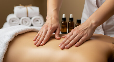 Back massage therapy spa treatment for relaxation and wellness with essential oils and towels service