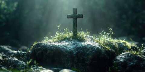 Naklejka premium Mysterious cross adorned with lush greenery in a foggy forest setting