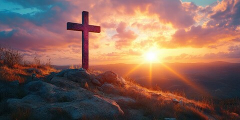 Fototapeta premium Sunset over a cross on a hilltop with dramatic clouds and golden light in a serene landscape