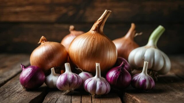 Wooden Table Display of Garlic, Shallot, and Onion