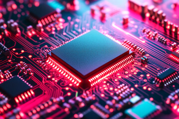 Central Processing Unit glowing red on circuit board technology digital