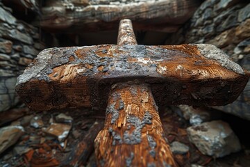 Weathered wooden beam in a historic structure showcasing age and decay in a rustic environment
