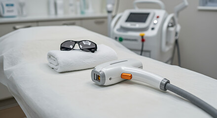 Laser hair removal equipment on treatment bed in clinic for beauty and skin care procedures