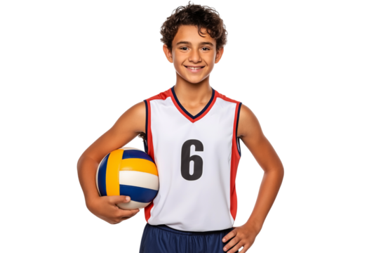 Youth boy volleyball player in jersey number 16 smiling on isolated background