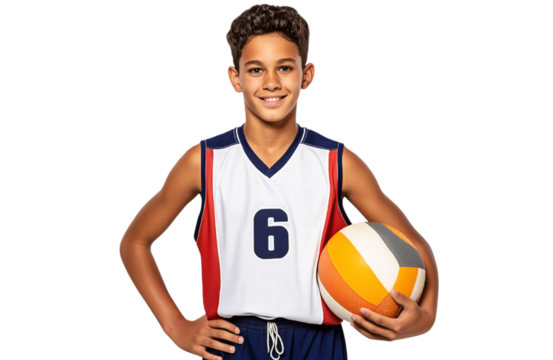 Youth boy volleyball player in jersey number 16 smiling on isolated background