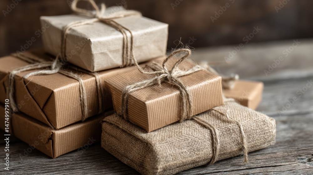 Poster gift stack wrapped in kraft paper with twine on a rustic wood surface