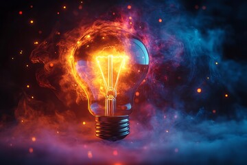 A glowing light bulb surrounded by nebulous colored smoke and small sparkles