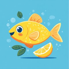 Naklejka premium Bright yellow fish swimming with lemon and leaves on a light blue background in a cheerful and playful style