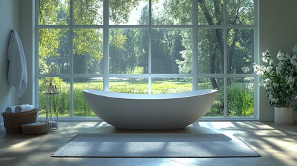 Fototapeta premium Modern bathroom with freestanding bathtub, large window, and garden view.