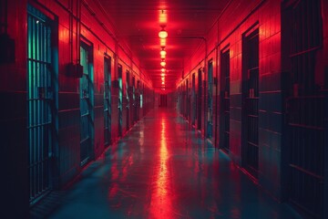 Fototapeta premium Mysterious prison corridor illuminated by red lights during nighttime