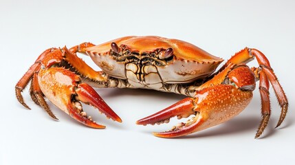 Isolated close-up of a cooked orange crab against a plain background