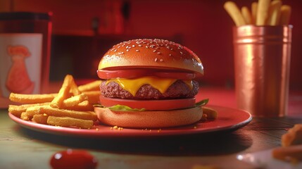 A mouth-watering cheeseburger topped with melted cheese and fresh lettuce, served in a toasted brioche bun.