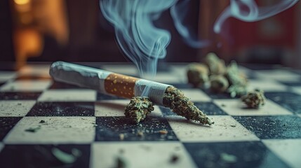 A close-up image of a chessboard surface scattered with cannabis buds and ground marijuana.