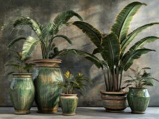 Fototapeta premium Indoor plants in ceramic pots against textured wall studio shot botanical interior design still life