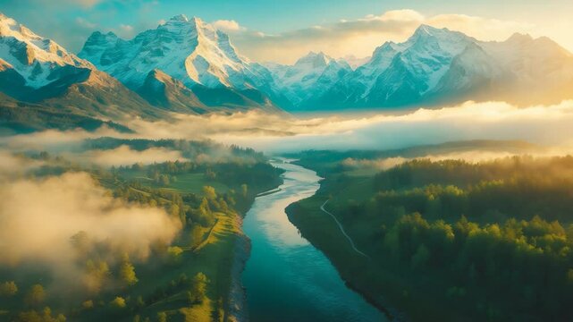Sky-high view of snowy mountain ranges and a river flowing through a valley.