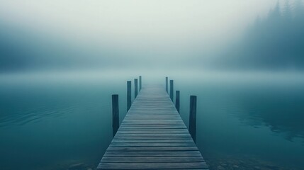 Fototapeta premium Misty wooden dock on teal lake