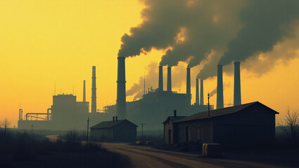 A polluted industrial area releasing smoke into the yellow sky, with houses in front. The scene conveys concern for environmental impact