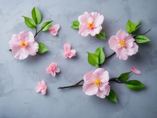 Overhead flat lay of pink dogwood blossoms and leaves on gray textured background springtime floral arrangement